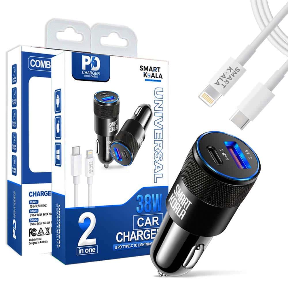 Smart Koala 38W 2 Ports PD Type C +3.1A USB Fast Charging Car Charger Socket Adapter with 1M Lightning Cable Cord for Apple iPhone/iPad/iPod Smart Koala 38W 2 Ports PD Type C +3.1A USB Fast Charging Car Charger Socket Adapter with 1M Lightning Cable Cord for Apple iPhone/iPad/iPod